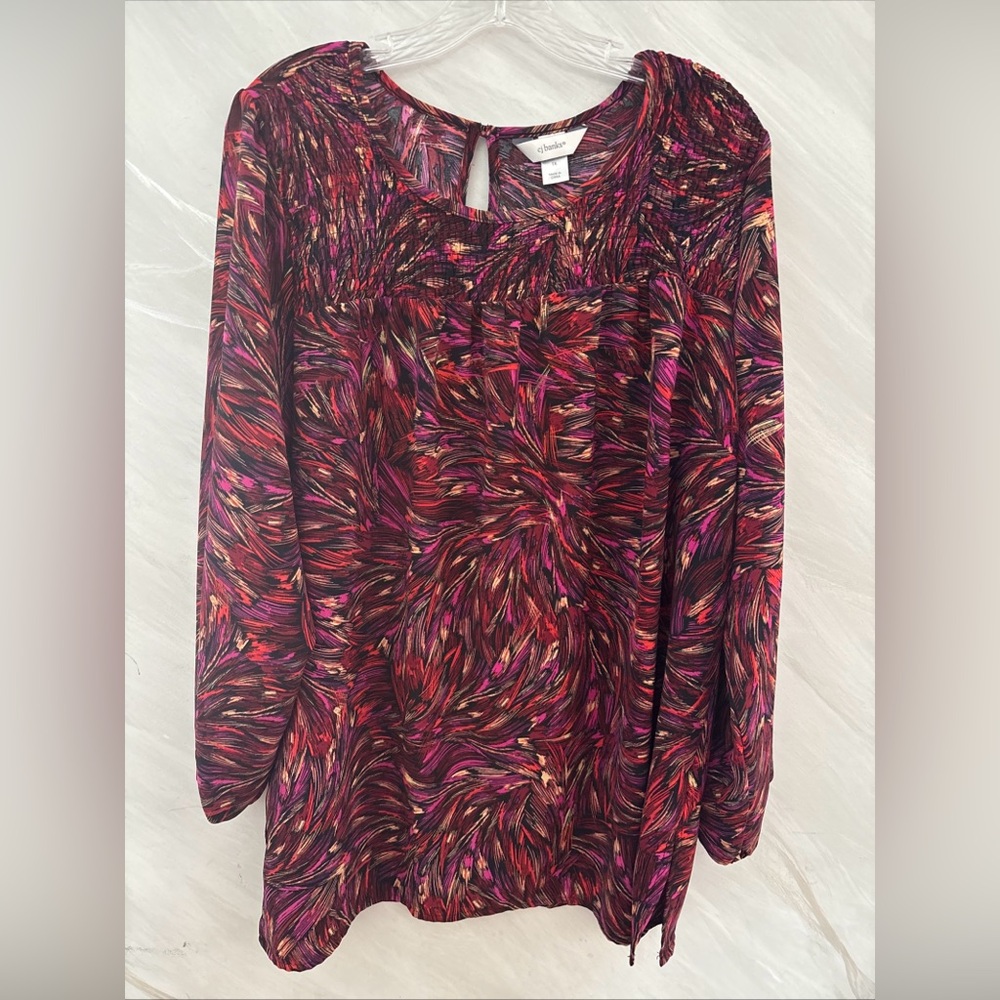 CJ Banks 1X Pink,Red,Black Swirly Long Sleeve w/elastic cuffs Tunic Blouse